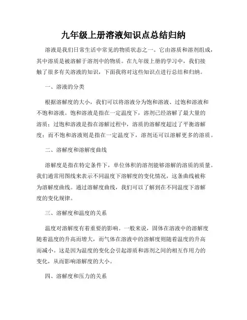 九年级上册溶液知识点总结归纳