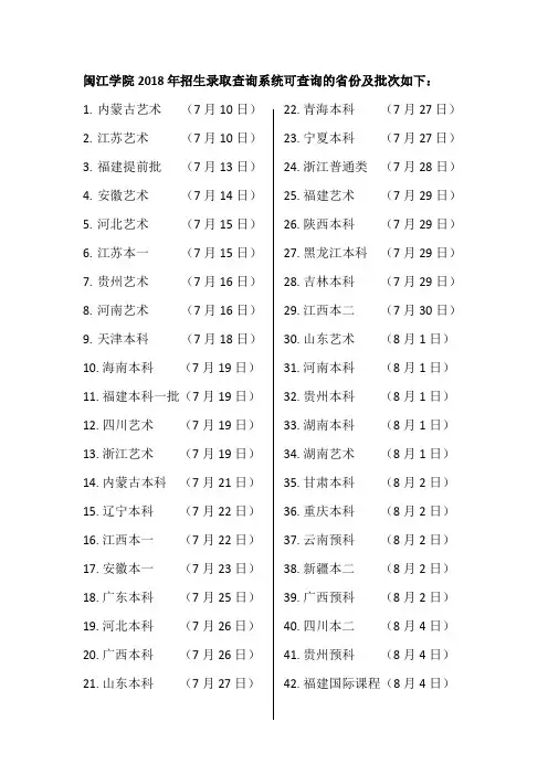 闽江学院2018年招生录取查询系统可查询的份及批次如下