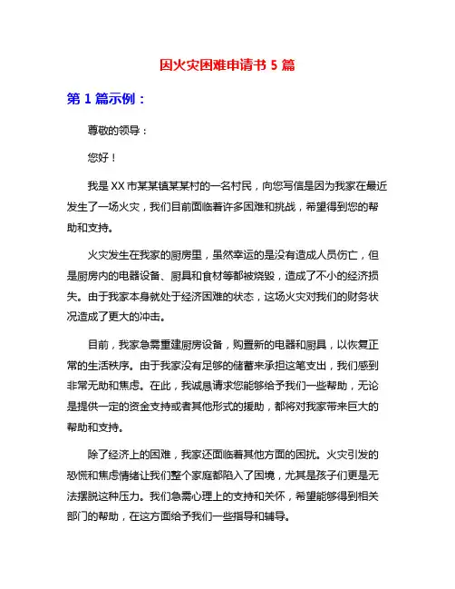 因火灾困难申请书5篇