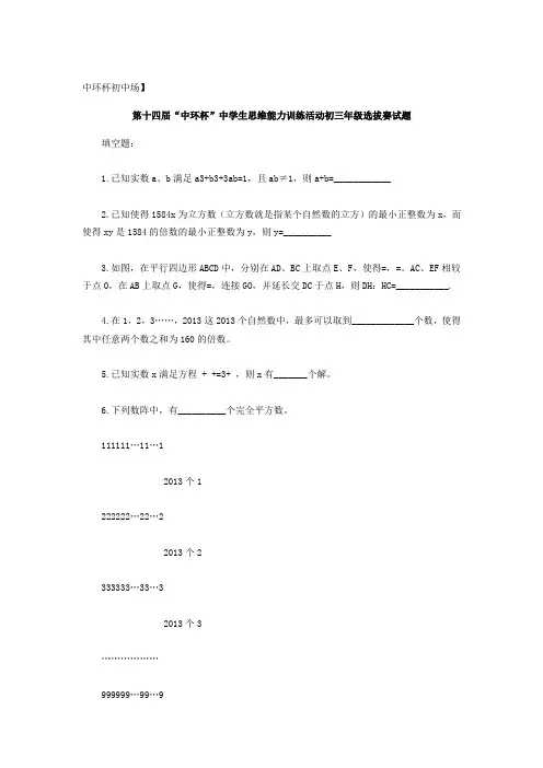 第十四届“中环杯”九年级数学初赛选拔试题(word版,含答案)