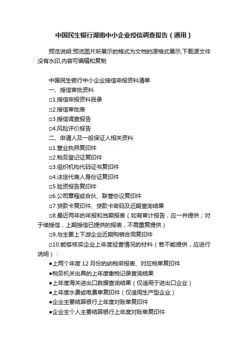 中国民生银行湖南中小企业授信调查报告（通用）