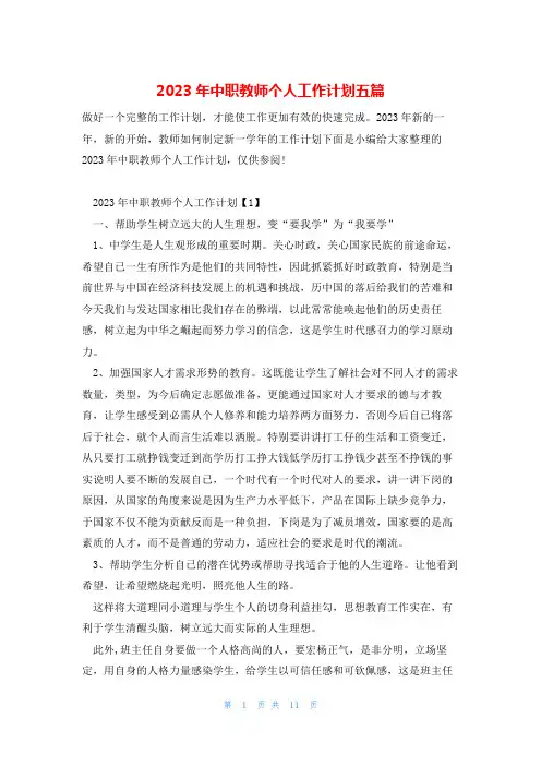 2023年中职教师个人工作计划五篇