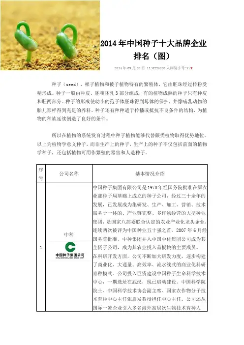 2014年中国种子十大品牌企业排名
