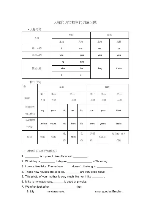 英语七年级上册人称代词物主代词练习题
