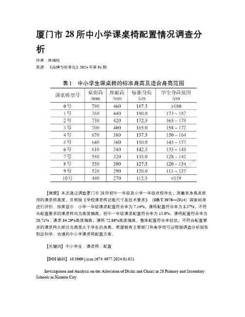 厦门市28所中小学课桌椅配置情况调查分析