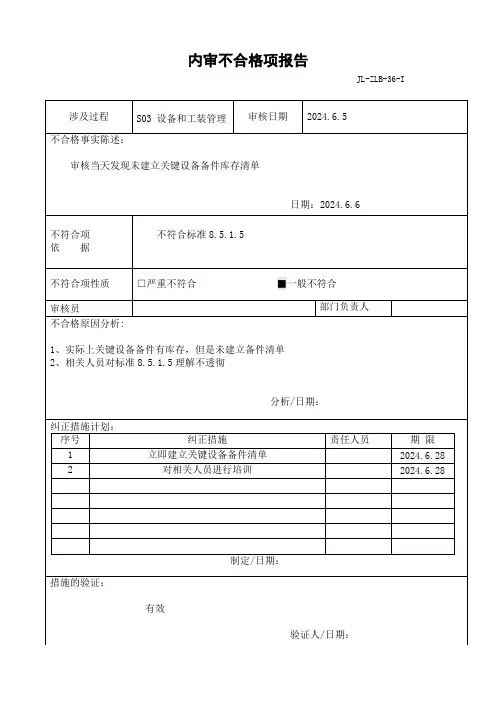 内审不合格项报告