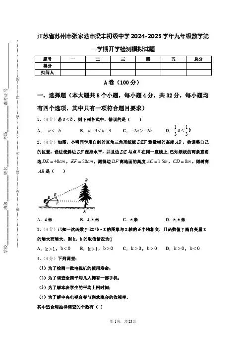 江苏省苏州市张家港市梁丰初级中学2024-2025学年九年级数学第一学期开学检测模拟试题【含答案】