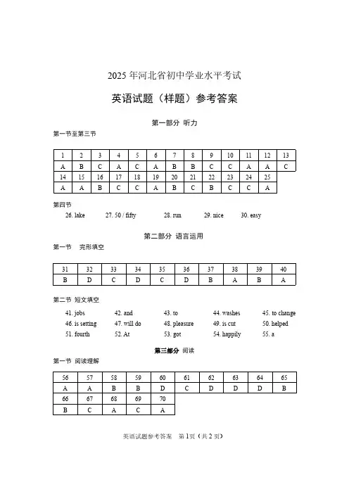 2025年河北省初中学业水平考试英语试卷(样卷)参考答案