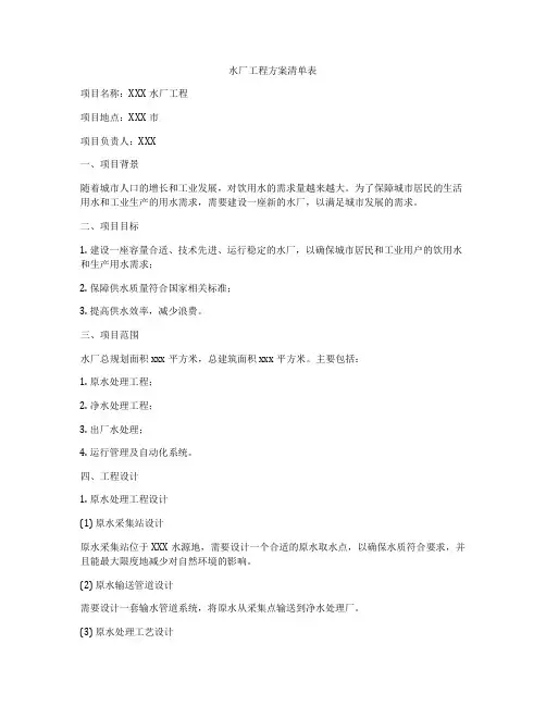 水厂工程方案清单表