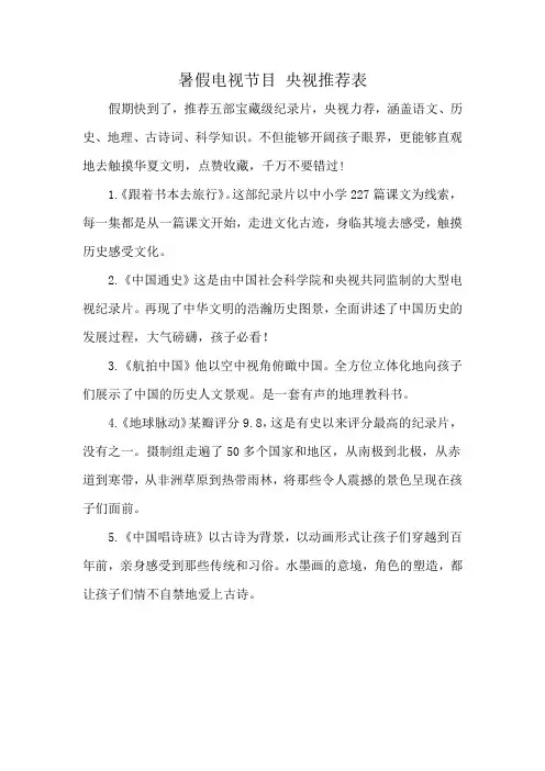 暑假电视节目 央视推荐表