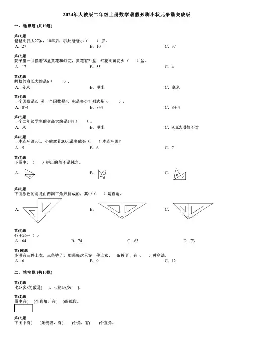 2024年人教版二年级上册数学暑假必刷小状元争霸突破版