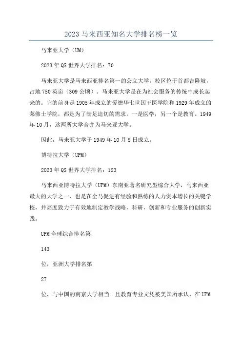 2023马来西亚知名大学排名榜一览