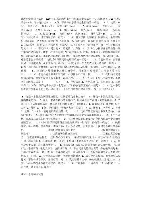 2020年山东省潍坊市小升初语文模拟试卷及答案解析 潍坊小学升初中试题