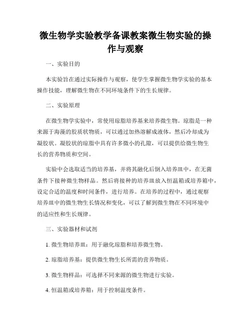 微生物学实验教学备课教案微生物实验的操作与观察