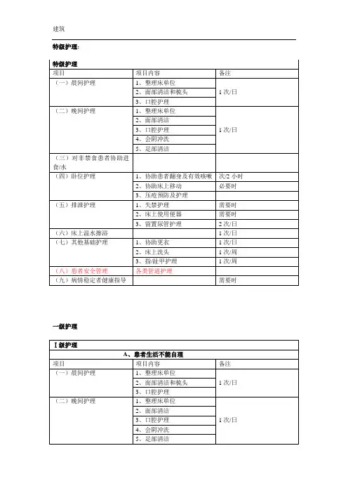 分级护理细化表上墙版