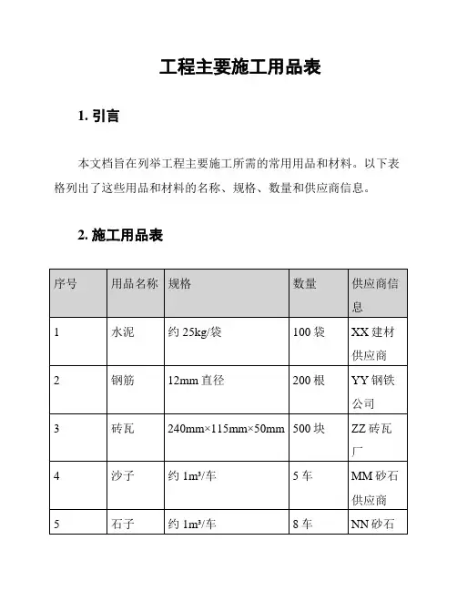 工程主要施工用品表