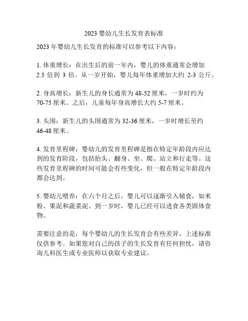 2023婴幼儿生长发育表标准