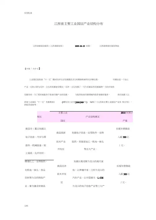 江西省主要工业园区产业结构分布