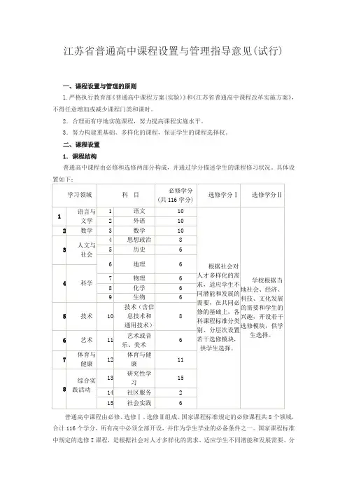 江苏省普通高中课程设置与管理指导意见