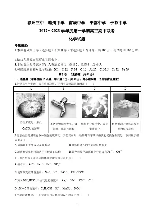 江西省赣州市五校联考2022至2023学年高三上学期期中考试化学试题附参考答案