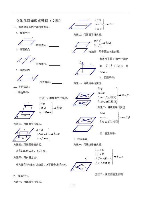 文科立体几何知识点、方法总结材料高三复习88069