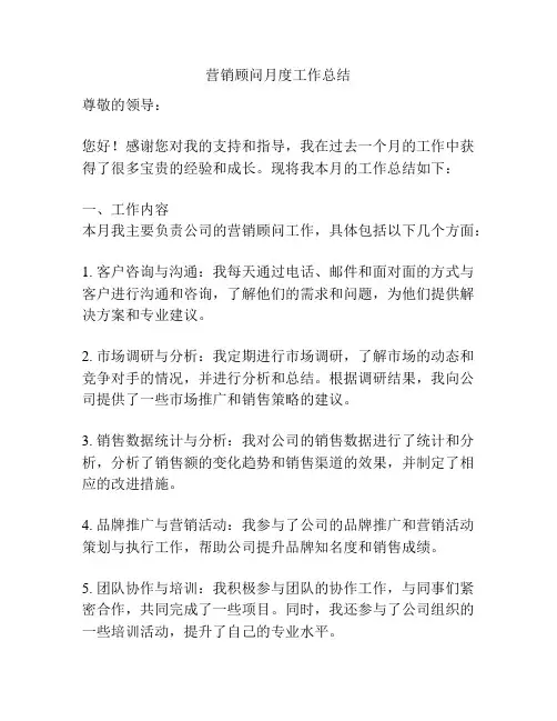 营销顾问月度工作总结