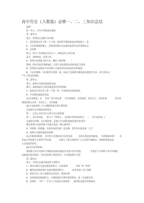 高中历史必修一、二、三知识点总结(完整版),强列推荐