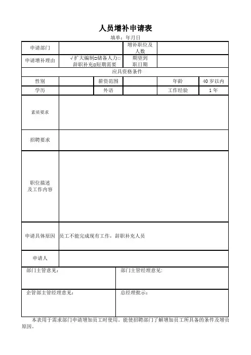 人员增补申请表(空)