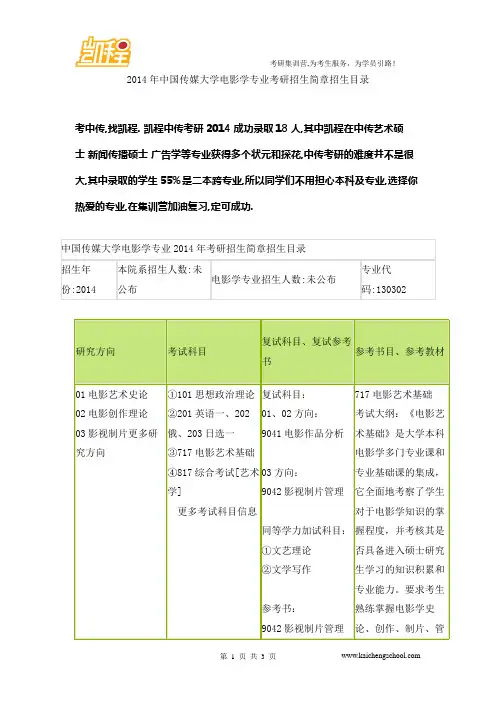 2014年中国传媒大学电影学专业考研招生简章招生目录