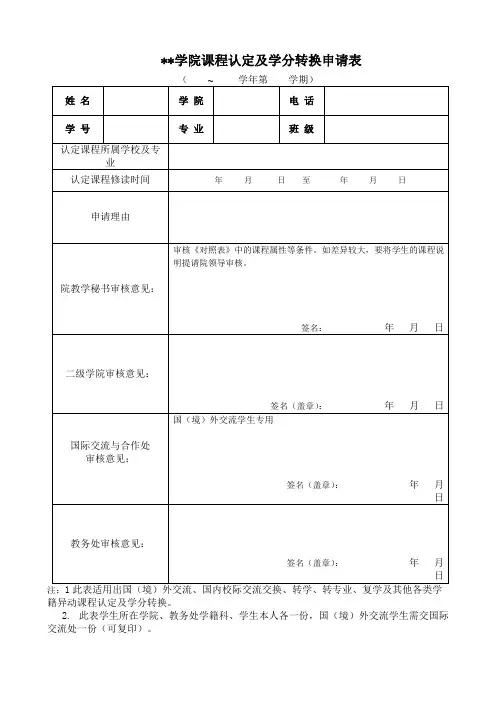 XX学院课程认定及学分转换申请表【模板】