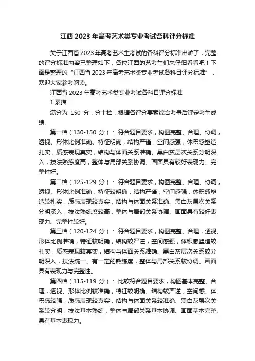 江西2023年高考艺术类专业考试各科评分标准