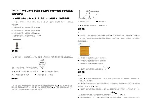 2020-2021学年山东省枣庄市市实验中学高一物理下学期期末试卷含解析