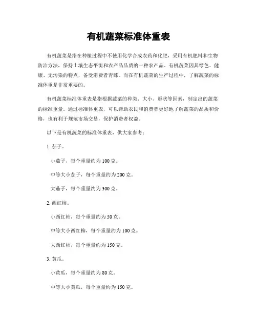 有机蔬菜标准体重表