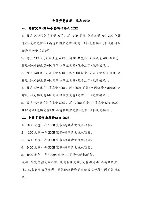 电信资费套餐一览表2022
