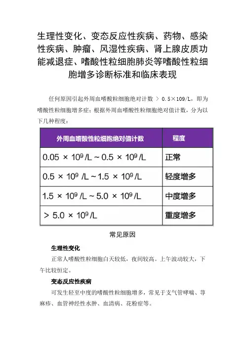 生理性变化、药物、感染性疾病、肿瘤、风湿性疾病、嗜酸性粒细胞肺炎等嗜酸性粒细胞增多诊断标准和临床表现
