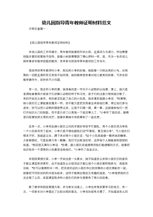 幼儿园指导青年教师证明材料范文