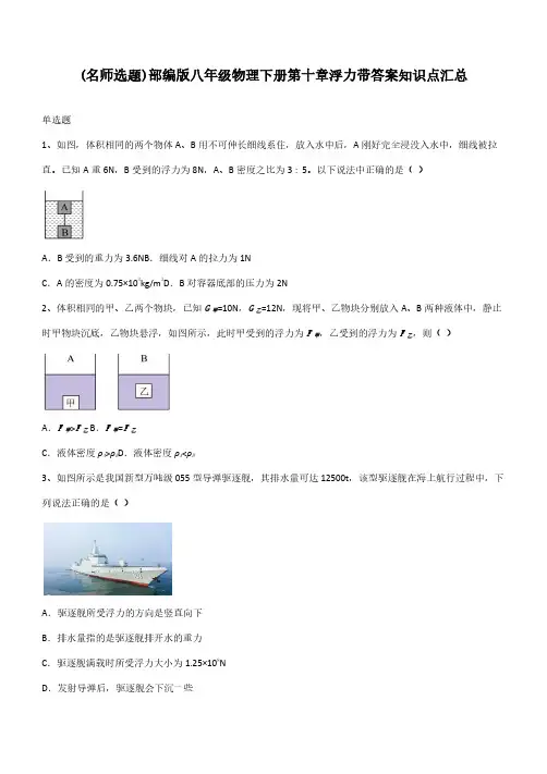 部编版八年级物理下册第十章浮力带答案知识点汇总