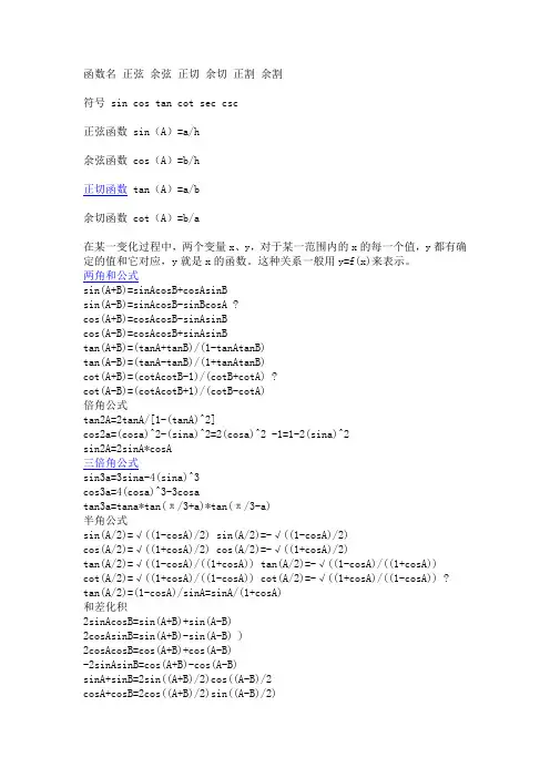 函数名 正弦 余弦 正切 余切 正割 余割