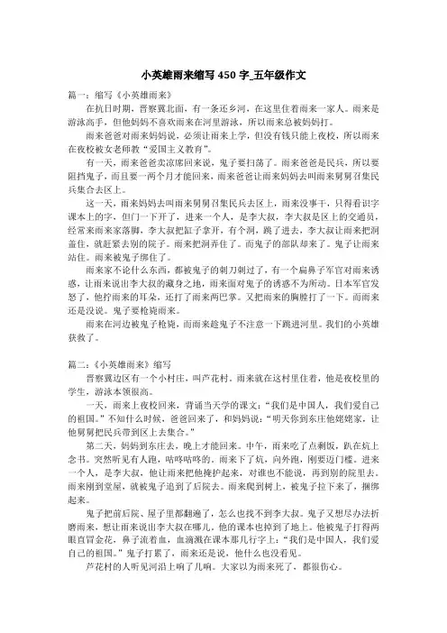小英雄雨来缩写450字_五年级作文