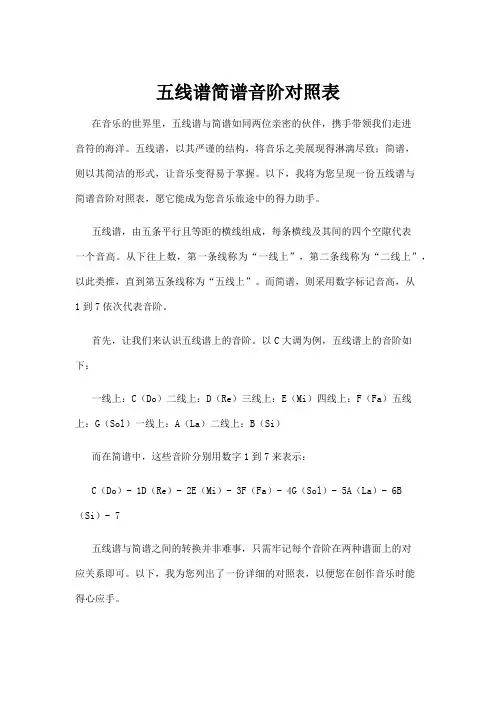 五线谱简谱音阶对照表