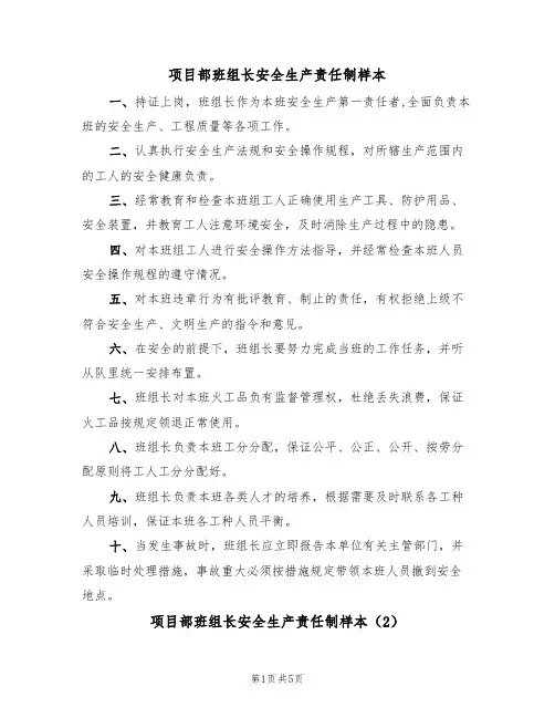 项目部班组长安全生产责任制样本（3篇）