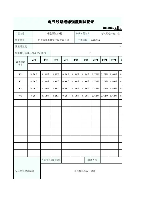 电气线路绝缘强度测试记录