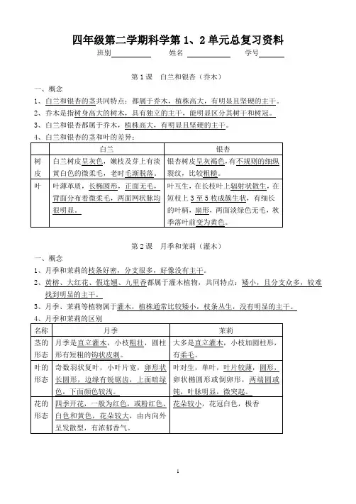 粤教版科学四年级下册第一二单元复习资料知识点总结