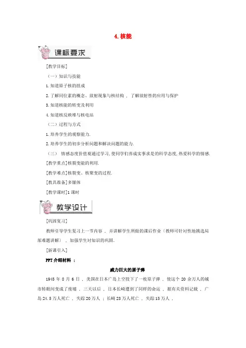 永康市第一中学九年级物理下册 第十一章 物理学与能源技术第4节 核能教案教科版