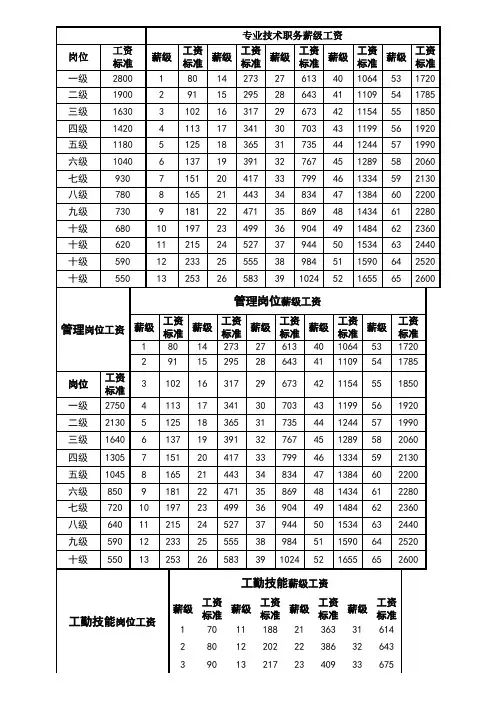 专业技术职务岗位工资及薪级工资对照表