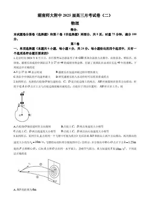2024-2025学年湖南省师大附中高三上学期月考(二)物理试题及答案