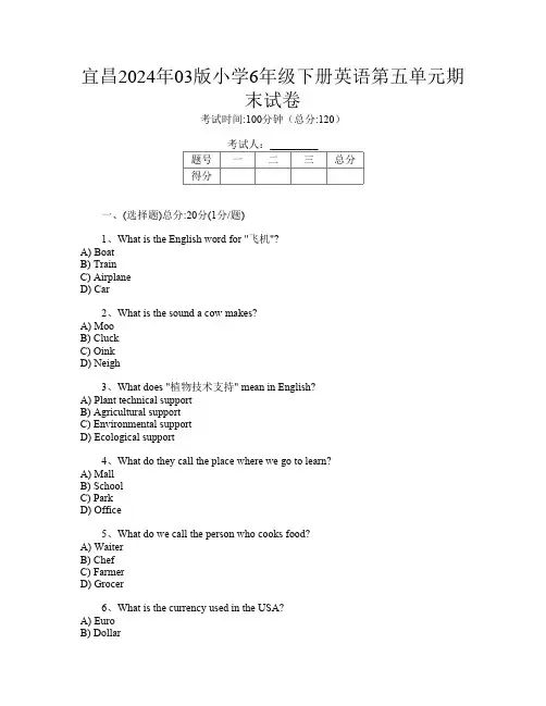 宜昌2024年03版小学6年级下册第13次英语第五单元期末试卷