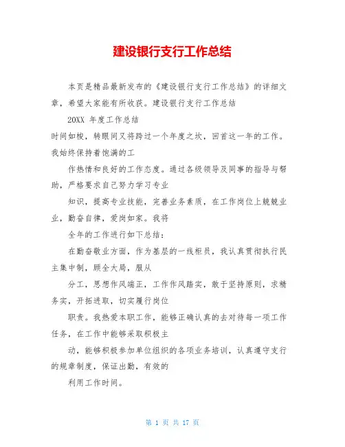 建设银行支行工作总结