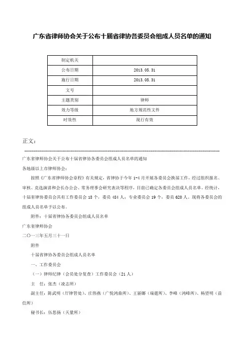广东省律师协会关于公布十届省律协各委员会组成人员名单的通知-