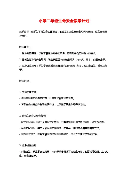 小学二年级生命安全教学计划